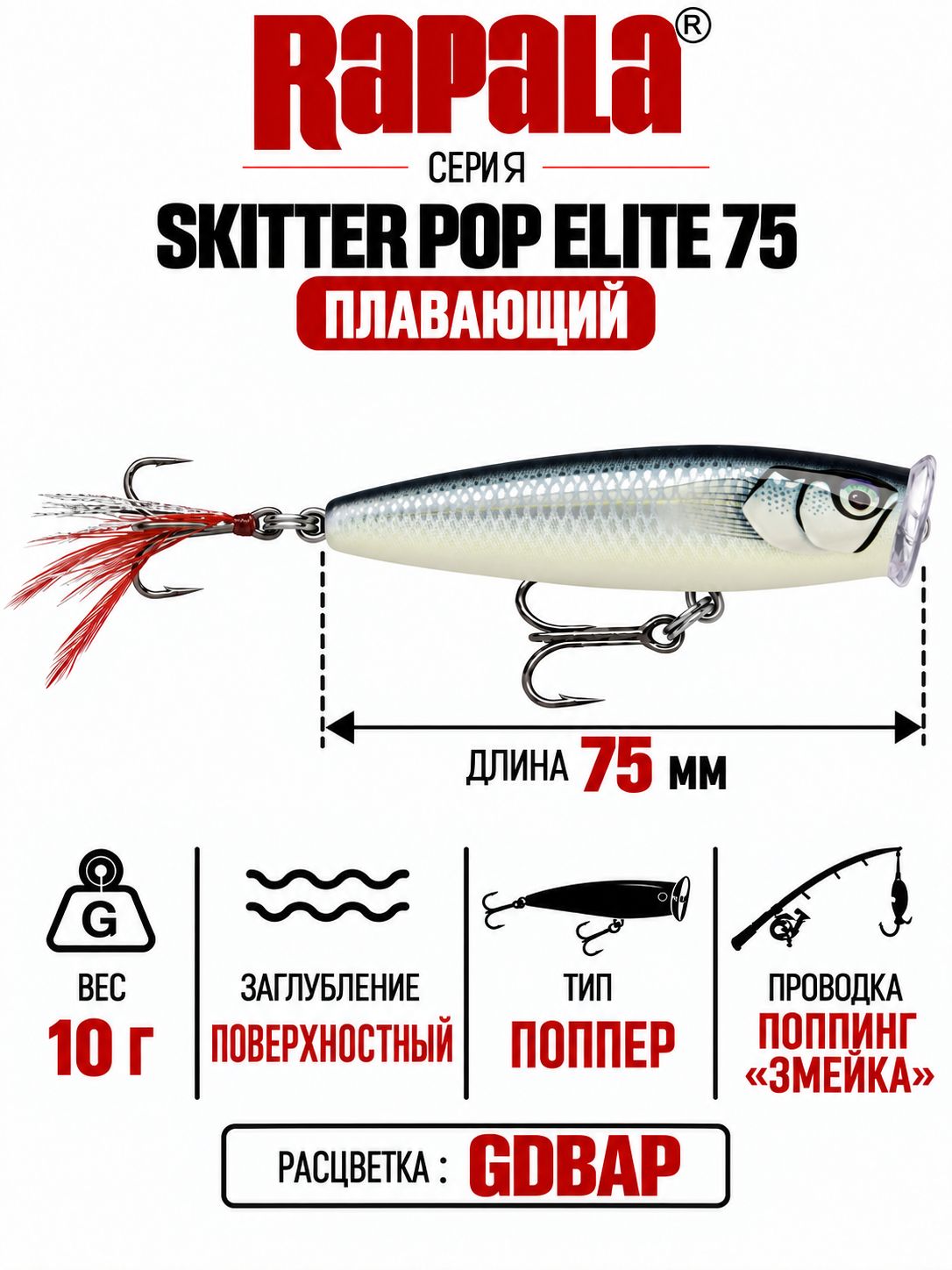 Воблер RAPALA Skitter Pop Elite 75 GDBAP поверхностный 7,5см, 10гр.