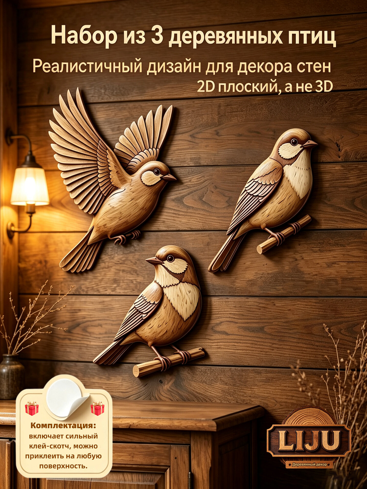 Деревянные птицы набор 3 шт, настенный декор, фигурки для украшения стен интерьера дома Интерьер
