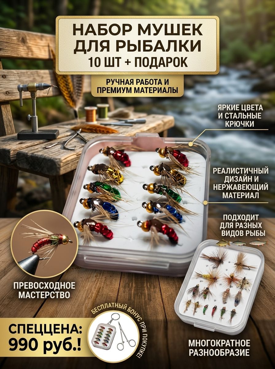 Набор мушек для рыбалки на хариуса и форель (10 шт), искусственные приманки нимфы с бисером, реалистичная обманка для нахлыста и сбирулино