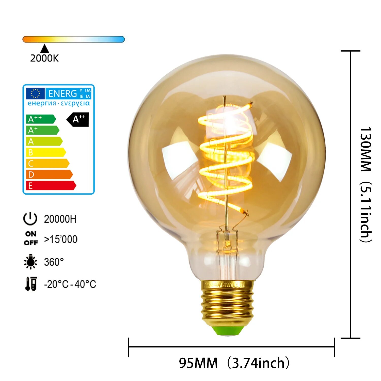 Светодиодная лампа TIANFAN Эдисон G95 4Вт теплый свет Gold, 220-240V