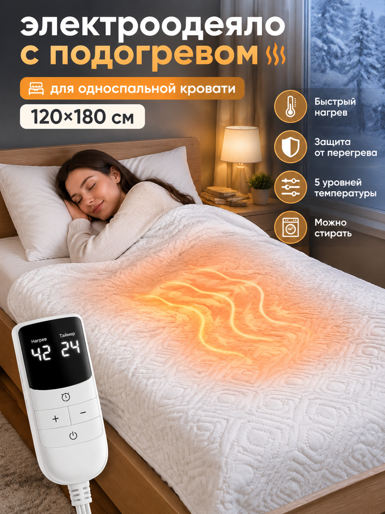 Электропростынь полуторная 180х120, защита от перегрева, таймер 12ч, ионы серебра, можно стирать, для дачи и дома