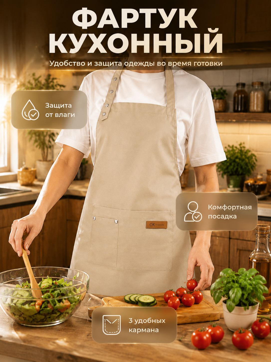 Фартук кухонный влагостойкий светло-бежевый, с карманами, водоотталкивающий передник для готовки
