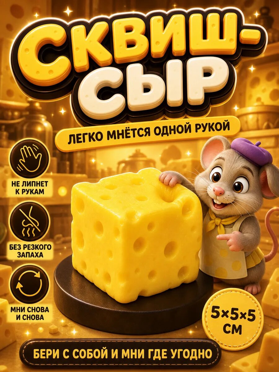 Сквиш сыр антистресс, мягкая игрушка-мялка в форме кубика с дырочками, 5×5×5 см