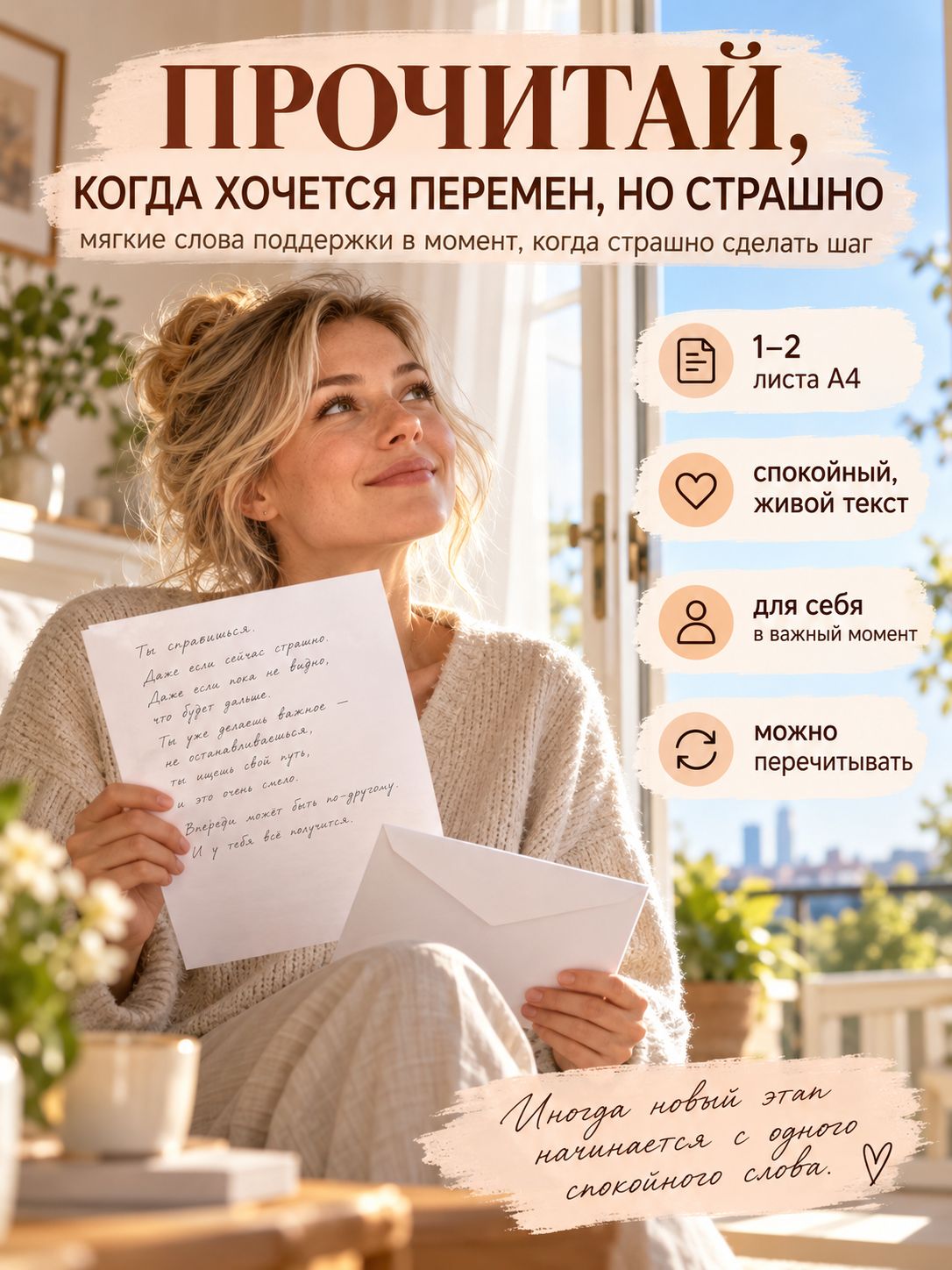 Письмо "Когда хочется перемен, но страшно " - мотивирующий текст на листе бумаги А4 для женщин и мужчин