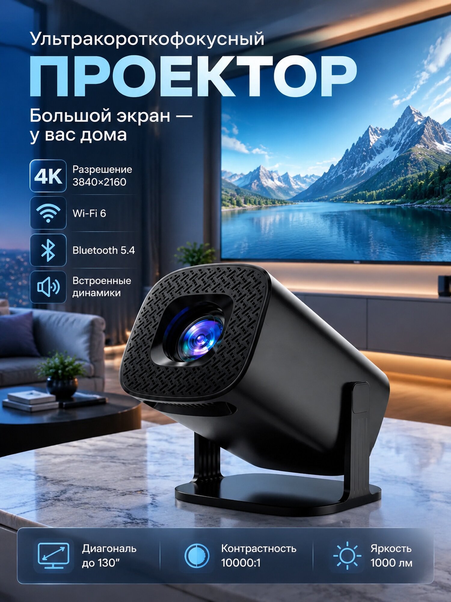 Ультракороткофокусный 1LCD-проектор 4K с Wi‑Fi, Bluetooth и экраном до 130 дюймов