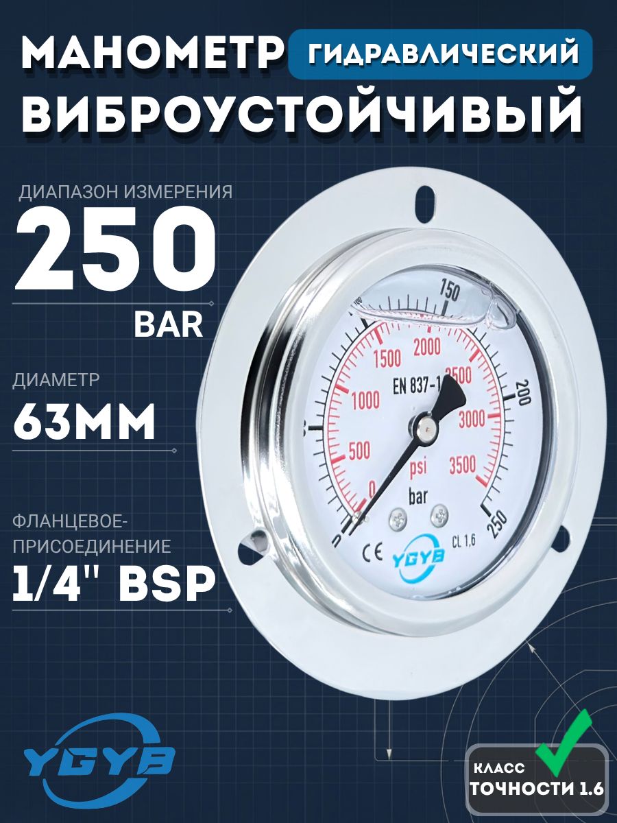 Манометр гидравлический 250 бар глицериновый виброустойчивый фланцевый 63 мм G1/4 (25 МПа) панельный