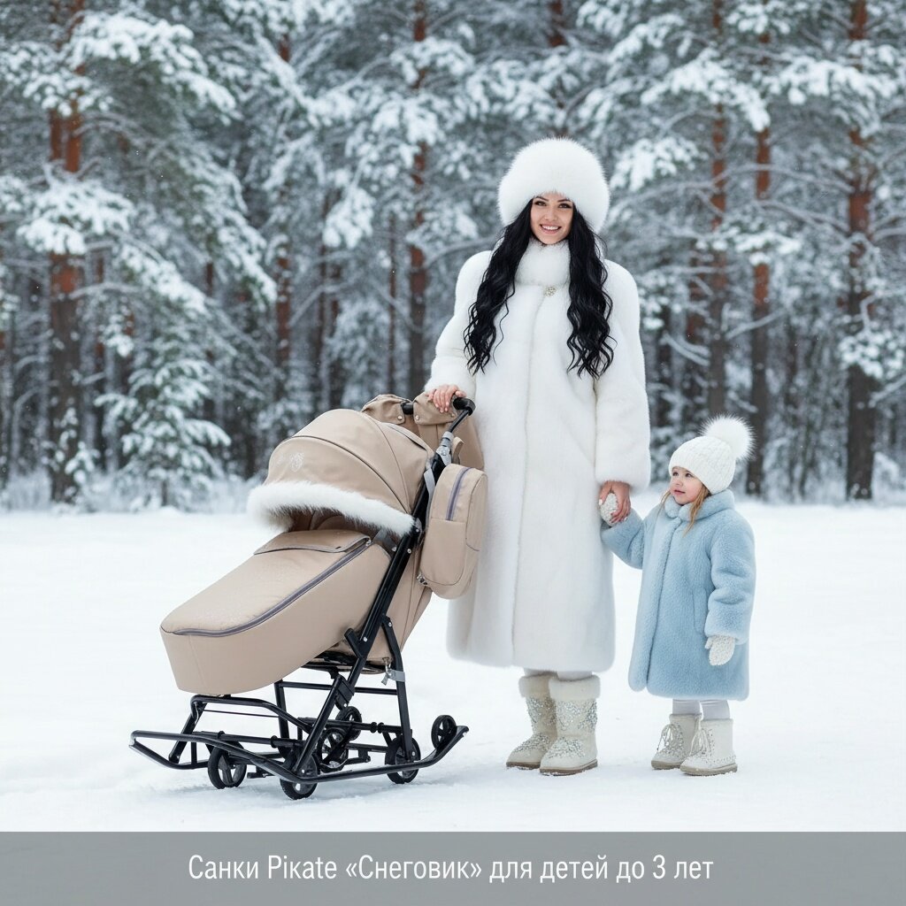 Санки-коляска Pikate «Снеговик»  бежевый складные с колесами