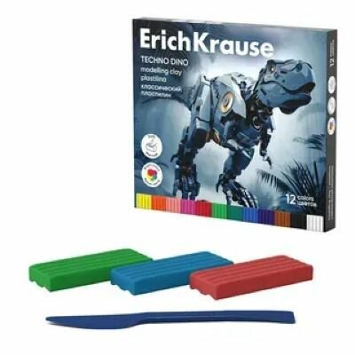 Пластилин классический Erich Krause 12 цветов, 192 г, "Techno Dino", со стеком, картонная коробка (65200)