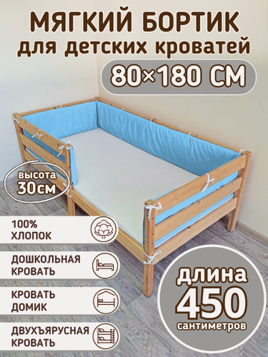 Изображение товара Детский противоударный бортик для кровати 80*180 поплин голубой (30*450 см)