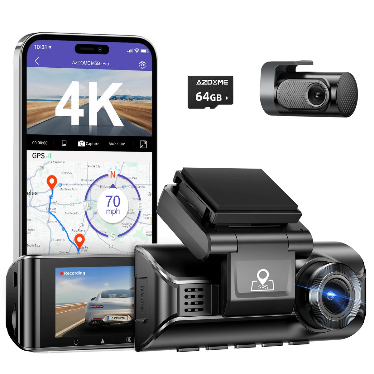 Видеорегистратор Azdome M550 Pro, 2CH, Ultra HD, 4K, 3G, Wi-Fi, GPS