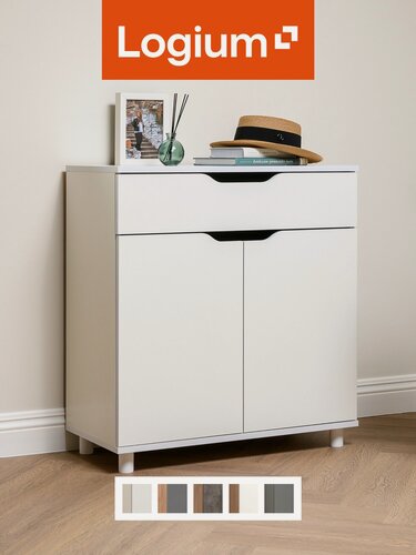 Изображение товара Комод белый с ящиком и дверцами, 80х75х35,1 см, Рокс 13.296 Белый шагрень, LOGIUM, для прихожей, гостиной, спальни