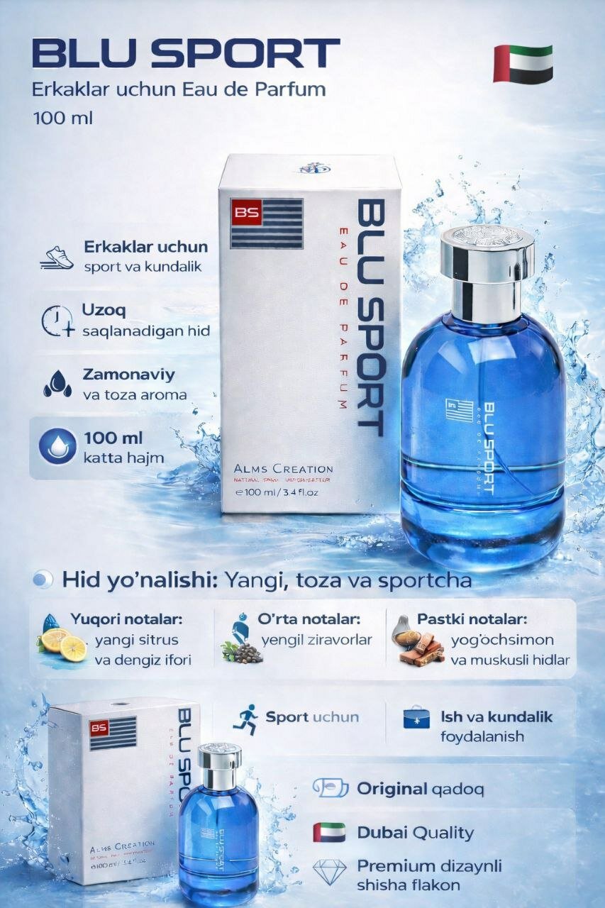 BLU SPORT мужская парфюмерная вода Eau de Parfum, 100 мл — спортивный освежающий и стойкий аромат