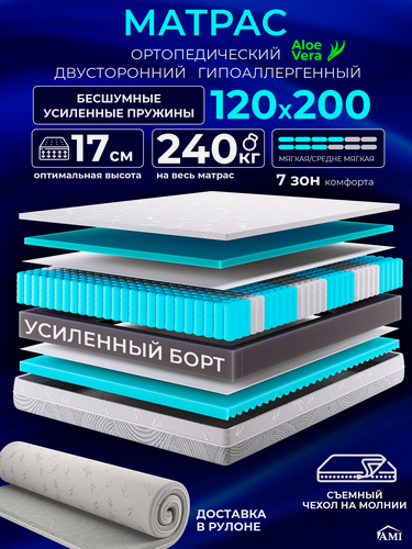 Изображение товара Ортопедический матрас 120х200 см на кровать, рулонный, независимый пружинный блок, съемный чехол Ами Мебель
