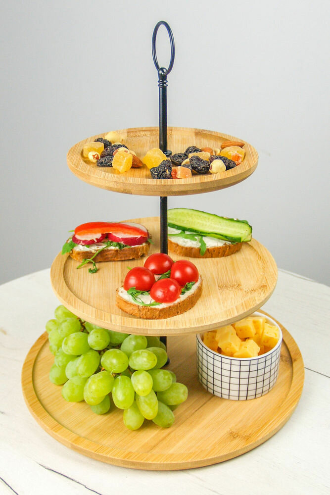 Этажерка для пирожных, фруктов, закусок бамбуччи гранде, дерево, металл, 3 круглых яруса, 28х34 см, Koopman International 170482570