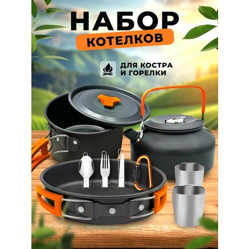 Посуда походная, набор (кастрюля - котелок, чайник, сковорода), оранжевый