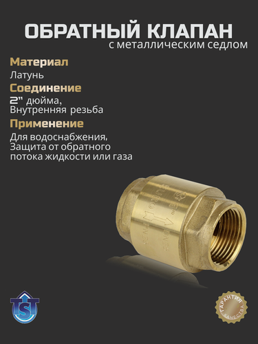 Изображение товара Обратный клапан с металлическим седлом TST, латунь, 2", для воздуха, воды, температура до 100°C