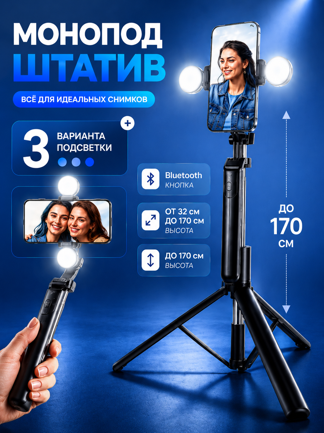Монопод-трипод ISA с блютуз пультом, 170 см, черный