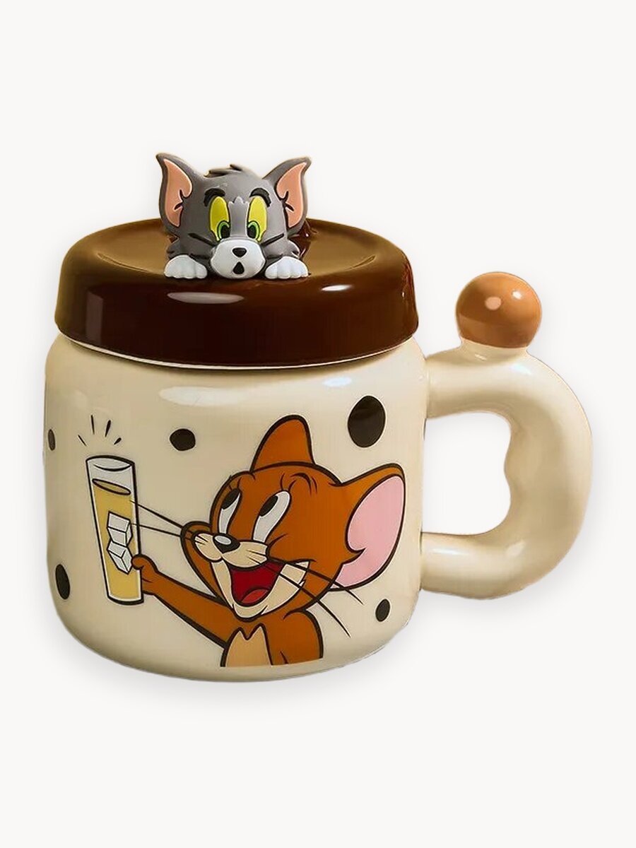 Кружка от бренда "Тепло в руках" - "Том и Джерри", с крышкой, керамика, коричневая, подарочная упаковка