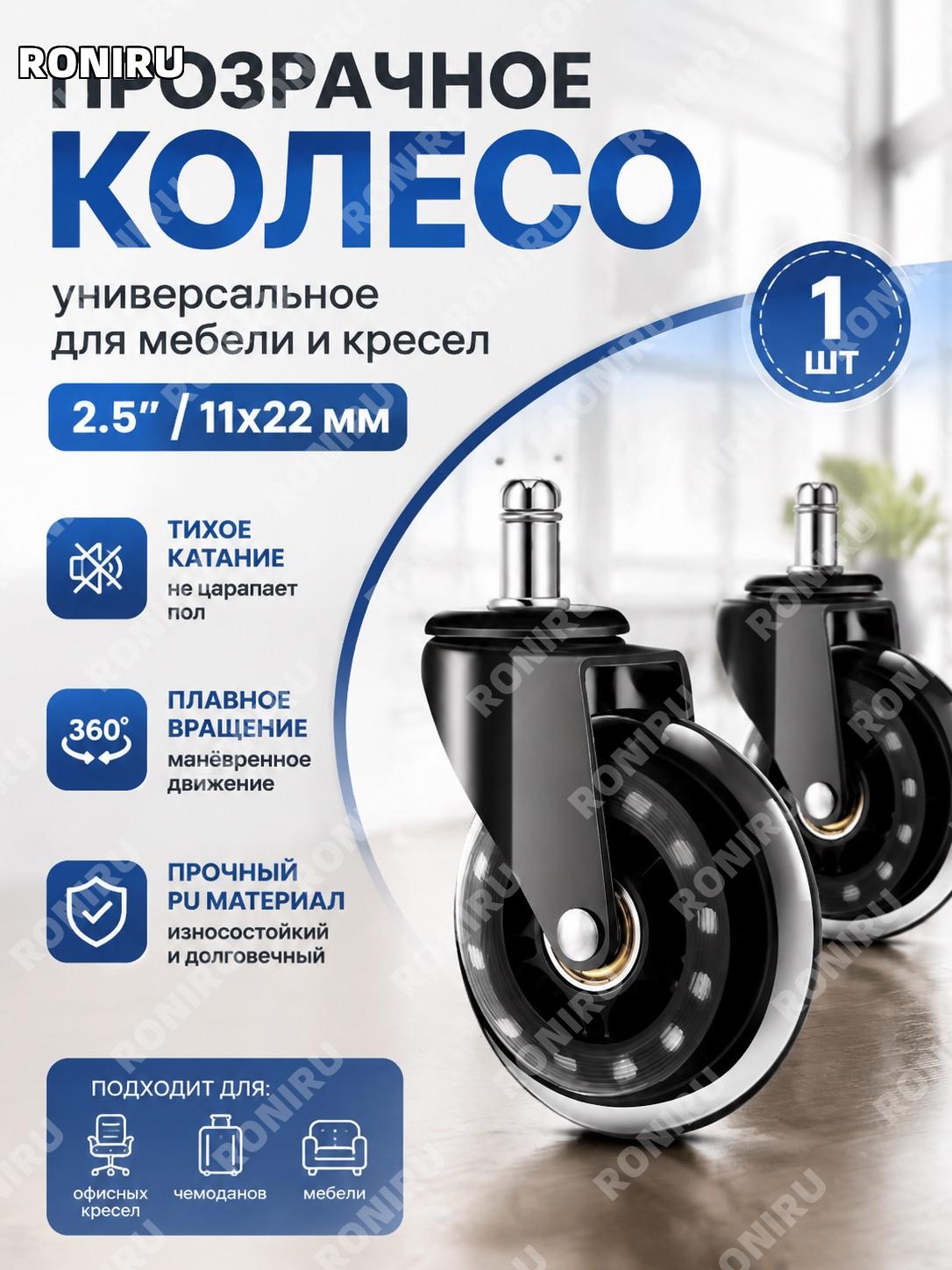 Колесо для мебели и кресла 2.5 дюйма прозрачное 11×22 вставной шток универсальное поворотное для офиса и дома.