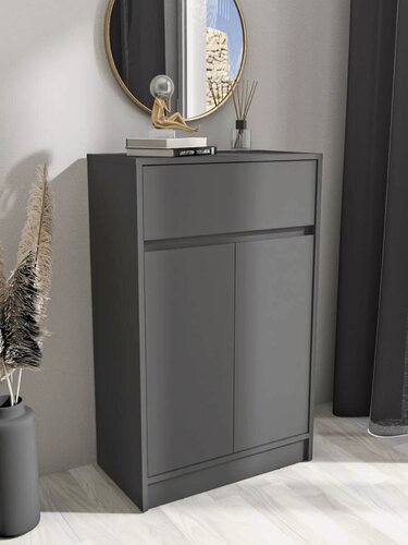Изображение товара Комод для вещей деревянный в прихожую с ящиком и дверками 60*97*33.4, графит, серый
