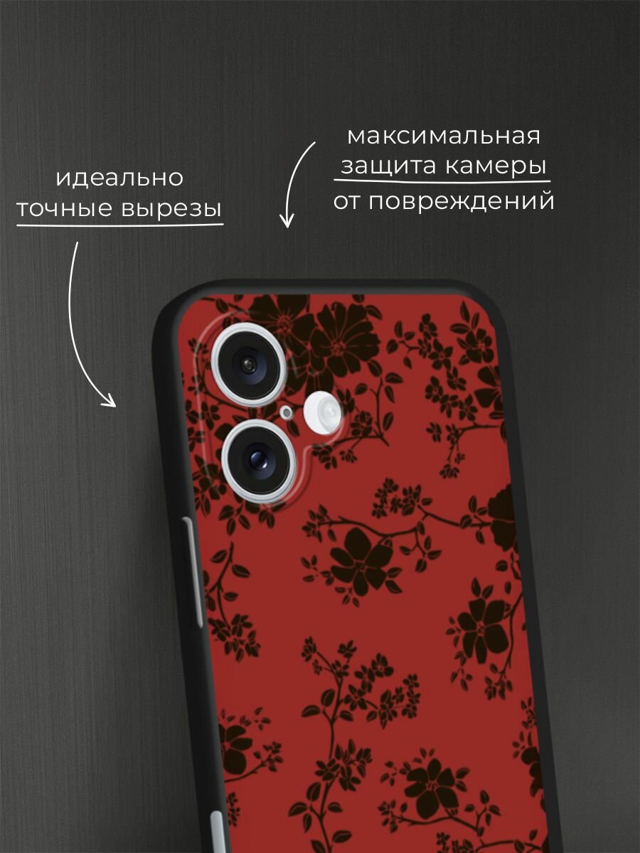 Черный матовый чехол на Apple iPhone 16 Plus / Айфон 16 Плюс с принтом Черные цветы на красном — фото 1
