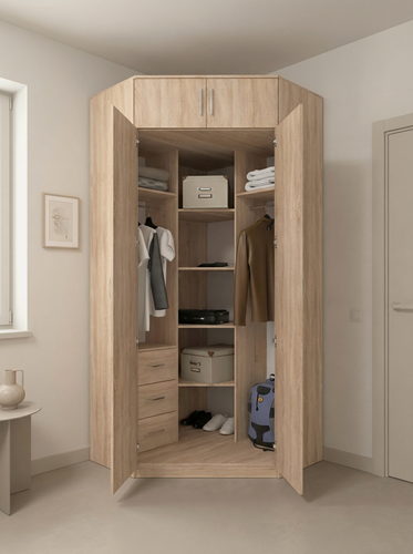 Изображение товара Шкаф угловой распашной Анри-15 с антресолью, 3 ящиками, 7 полками и 2 штангами для вешалок, дуб сонома