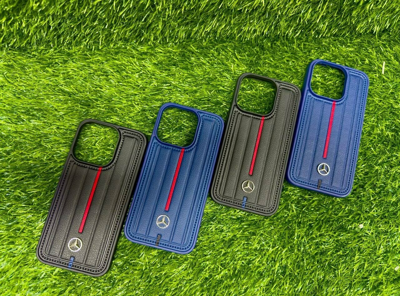 Redmi 15c - Кожаный чехол Mercedes-style с красной полосой, blue