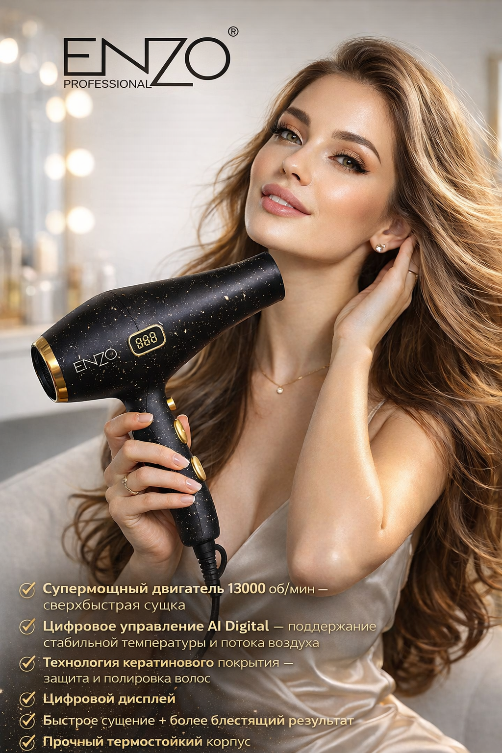 Профессиональный фен ENZO EN-6050, 13000 оборотов, AI-процесс, с цифровым дисплеем