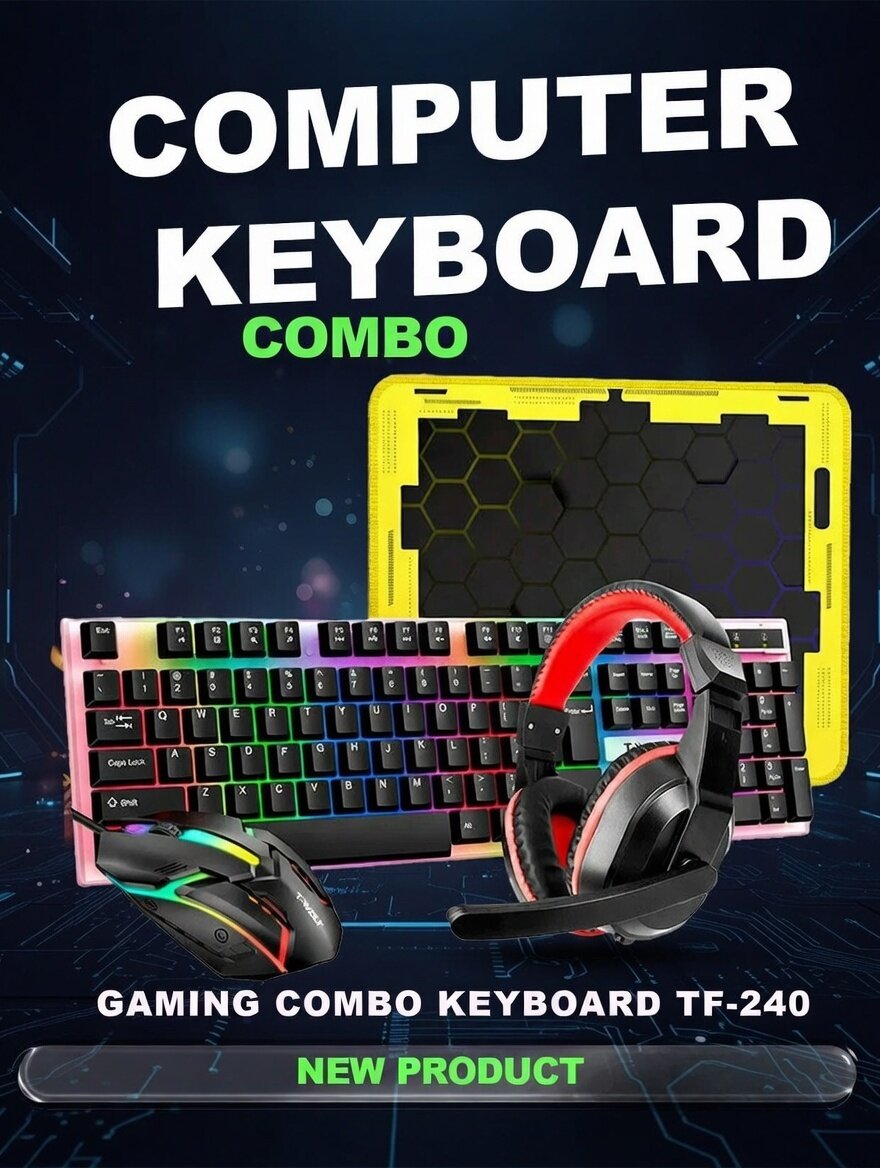 Набор для игр «4 в 1»: мышь, клавиатура, наушники, коврик. Идеален для эффективной игры.