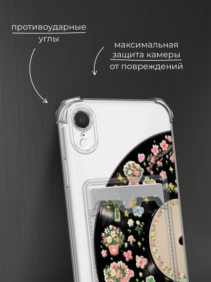 Чехол на Apple iPhone XR (Айфон XR) с картой и принтом Виниловая пластинка с наклейками — фото 1