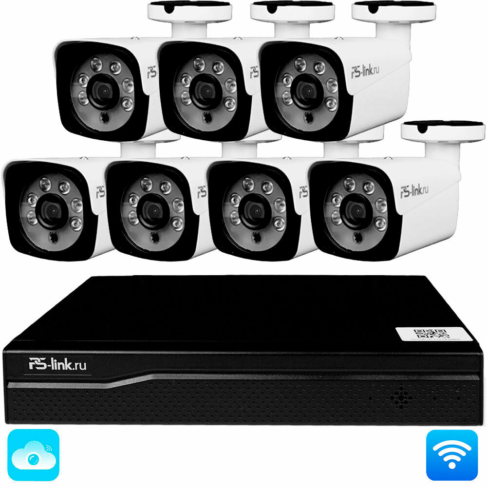 WI-FI Комплект видеонаблюдения с 7 камерами 3Мп PS-Link KIT-W307TB для улицы, микрофон, приложения IP Pro, Eseecloud
