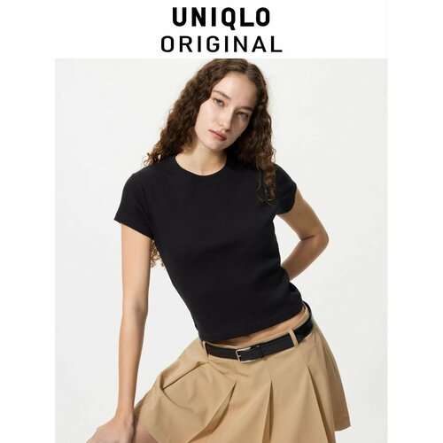 фото Футболка uniqlo ribbed mini t-shirt, 1 шт., размер s, черный