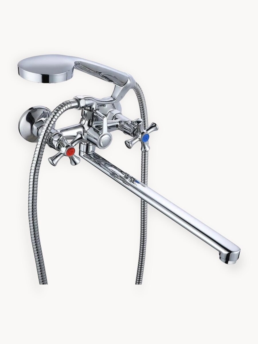 Смеситель для ванны, РМС SL65-140, двухвентельный, с лейкой и шлангом, длинный поворотный излив