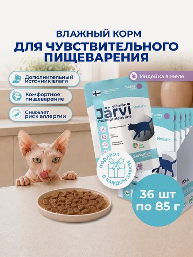 Изображение товара Влажный корм Jarvi монопротеиновый для кошек с чувствительным пищеварением с индейкой (кусочки в желе), 85 г х 36 шт.