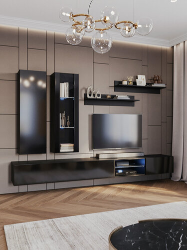 Изображение товара Стенка в гостиную, стенка для гостиной Point-К23, тв тумба подвесная , Черный глянец, 280х156х40 см. (ШхВхГ)