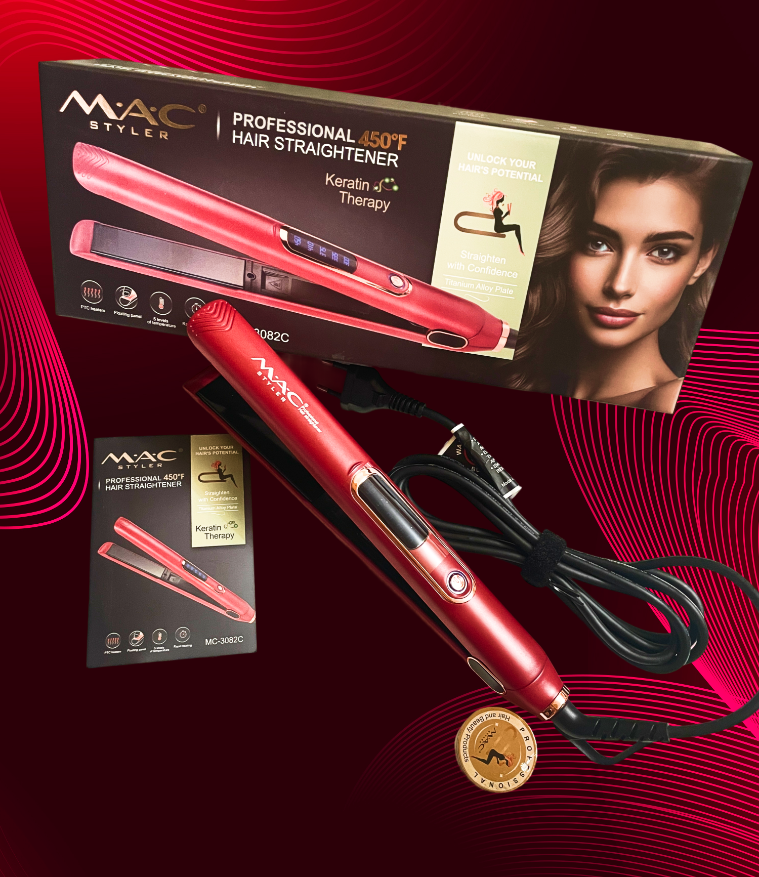 MAC профессиональный утюжок, для выпрямления волос, стайлер - плойка MC-3082, красный — фото 1