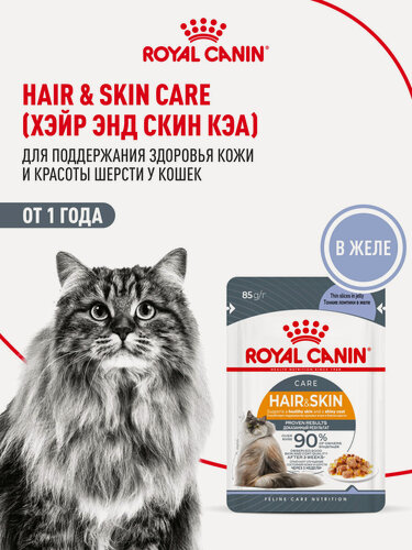 Изображение товара Влажный корм для кошек Royal Canin Hair&Skin Care для здоровья кожи и шерсти, кусочки в желе, 28 шт по 85 г