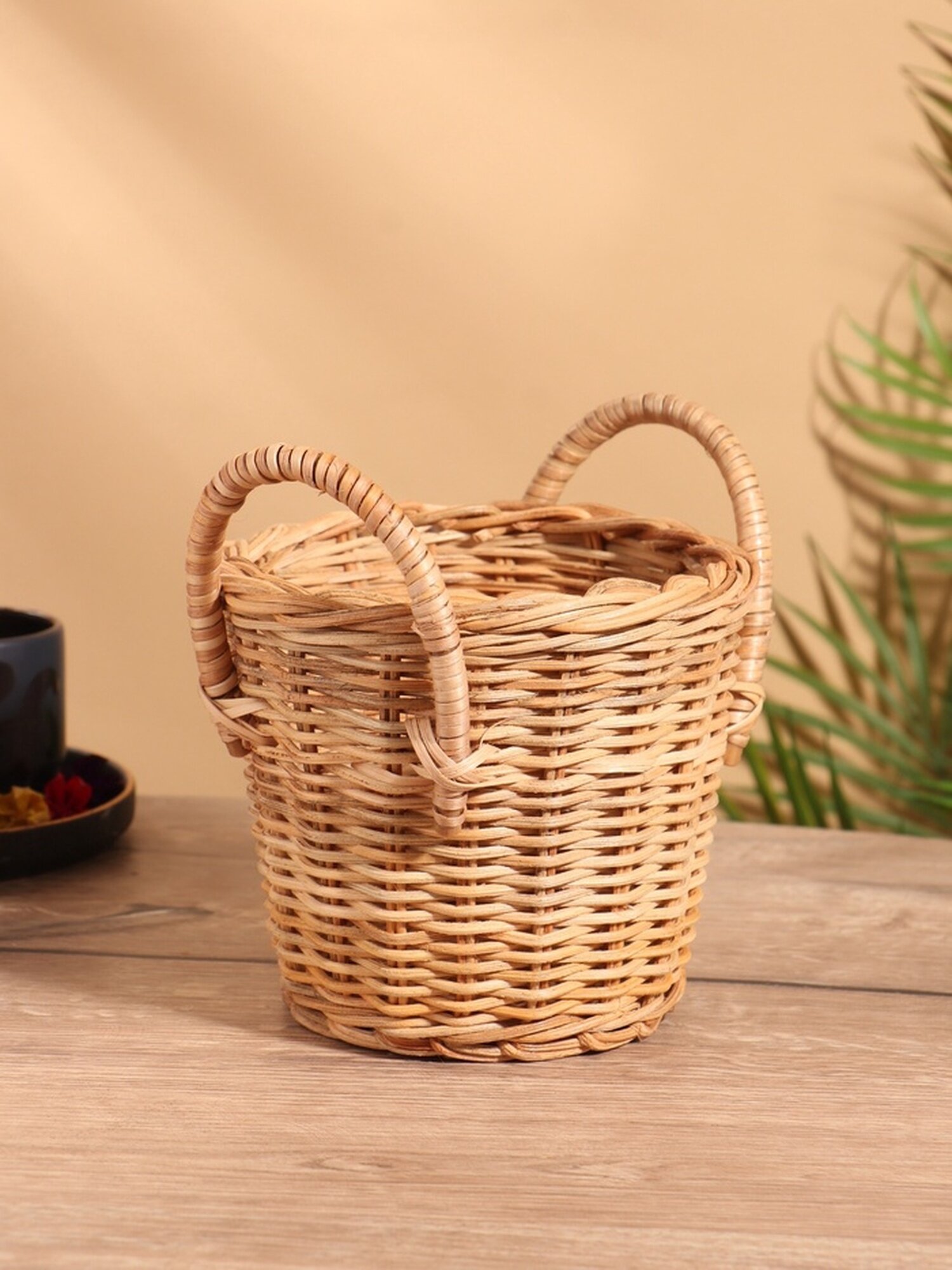 Корзина Сима-ленд ротанг металл круглая бежевая 16x16x19 см