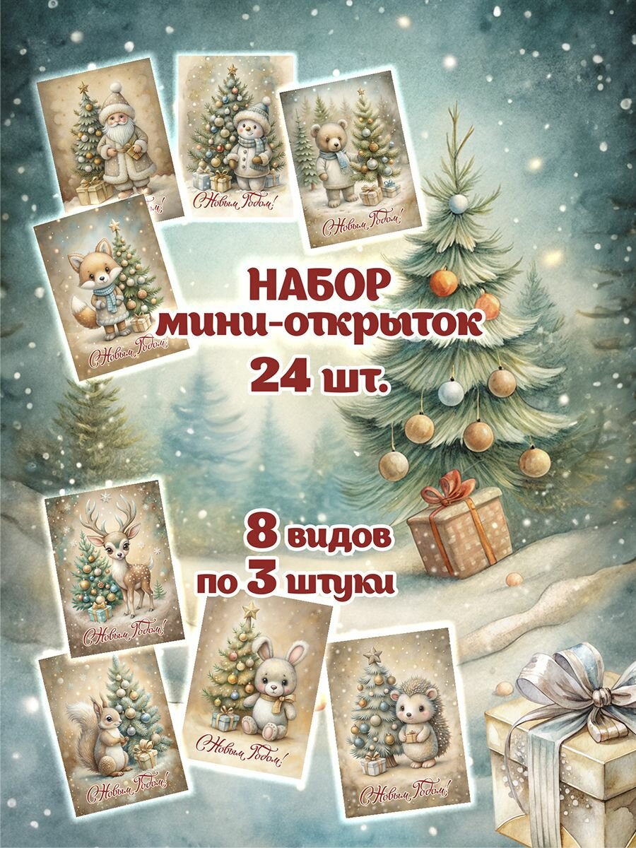 Открытки новогодние винтажные набор мини открыток Новый год 2025