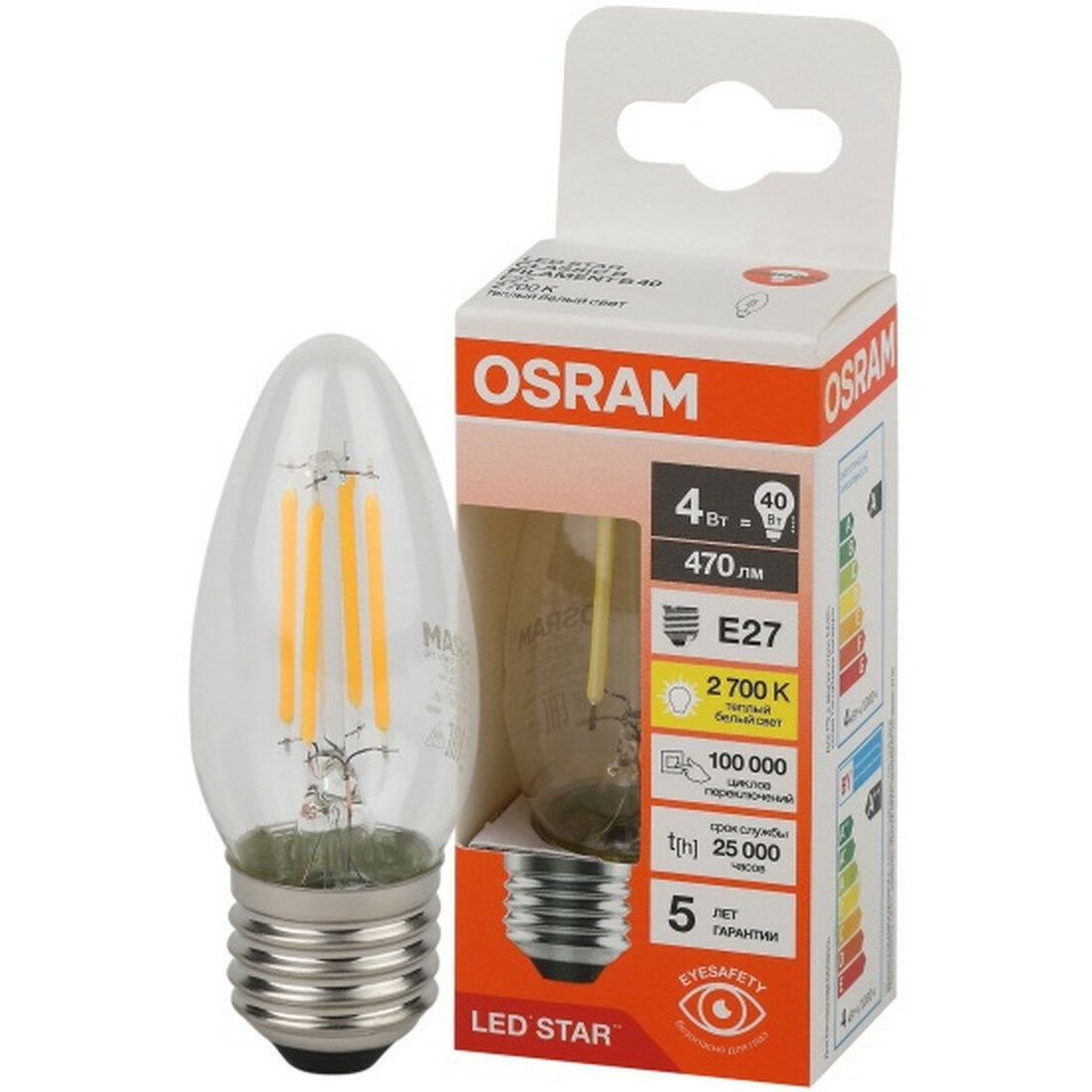 Светодиодная лампа Ledvance-osram Osram LED STAR CL B40 4W/827 220-240V FIL CL E27 470lm