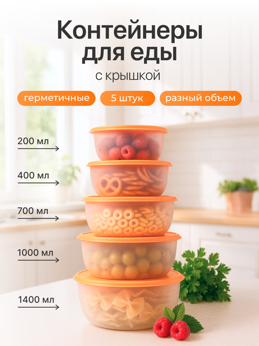 Контейнер для еды Редда набор контейнеров с крышками герметичный ланч-бокс оранжевый 5 штук