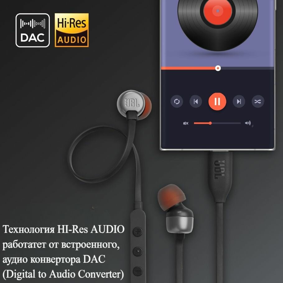 Проводные наушники JBL T310С USB Type-C, с микрофоном, чёрные — фото 1