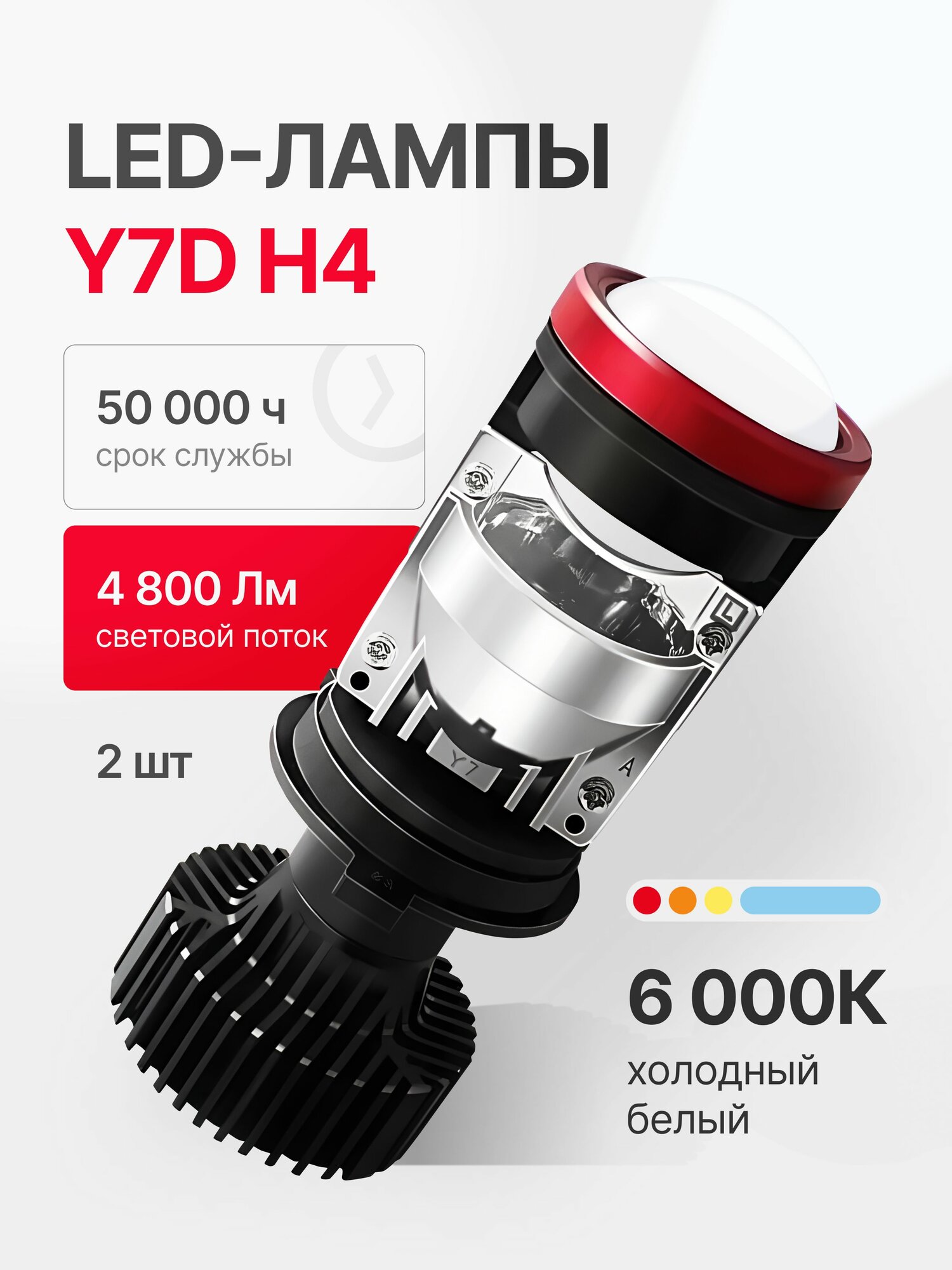 Автомобильные светодиодные лампы с линзой LED Y7D H4, 50 Вт, набор 2 шт. мини линзы с ярким светом 6000К