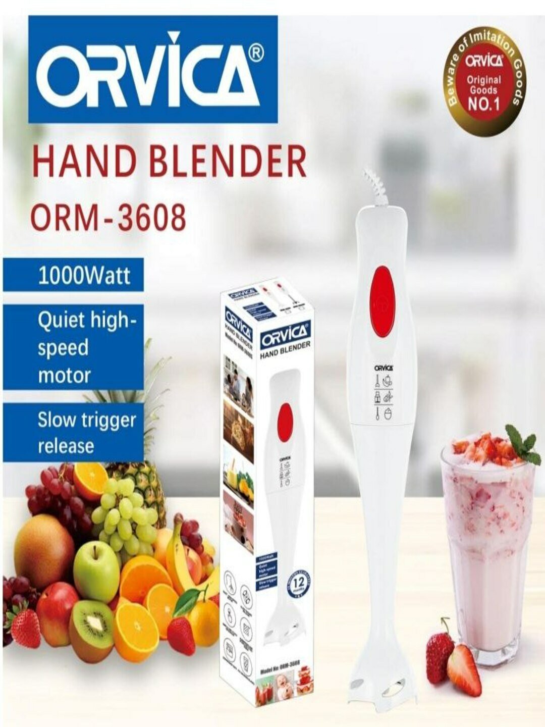 Ручной блендер Orvica, 2 ножа из нержавеющей стали, 2 скорости — фото 1