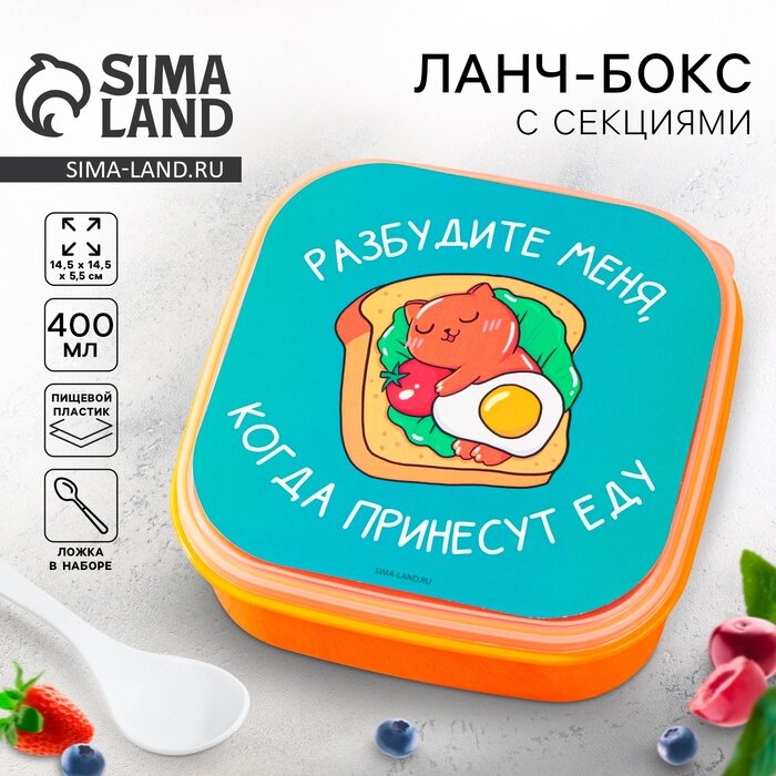 Ланч - бокс квадратный с секциями и ложкой «Разбудите меня», 14.5×6 см