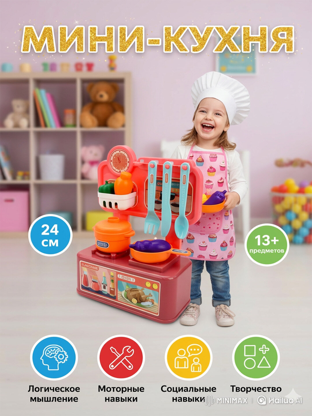 Игровая кухня для детей, WiMi с водой и паром, со светом и звуком, с краном - Конфетный