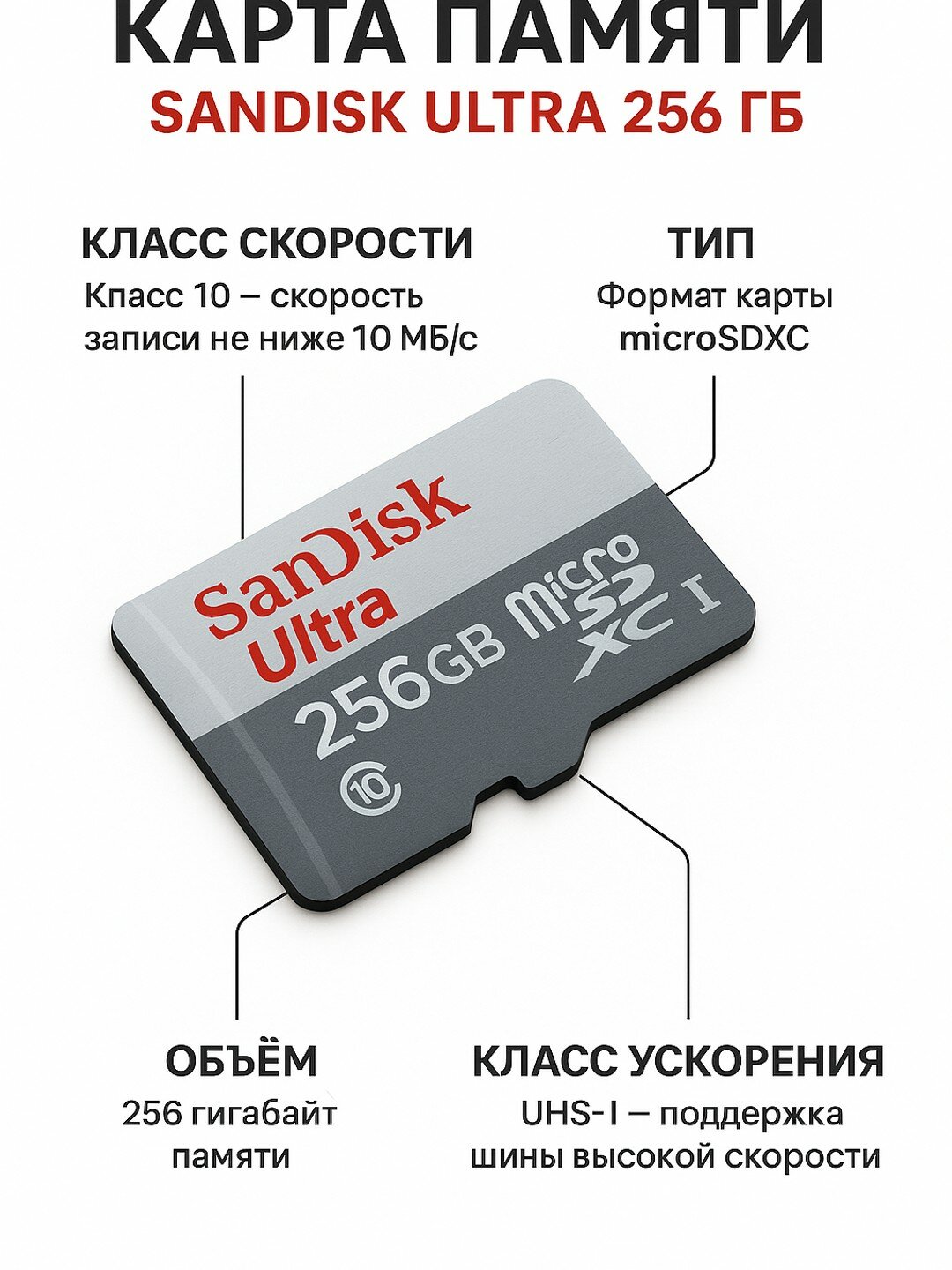 SanDisk Ultra microSD флешка 256GB для телефонов, видеорегистраторов и других устройств