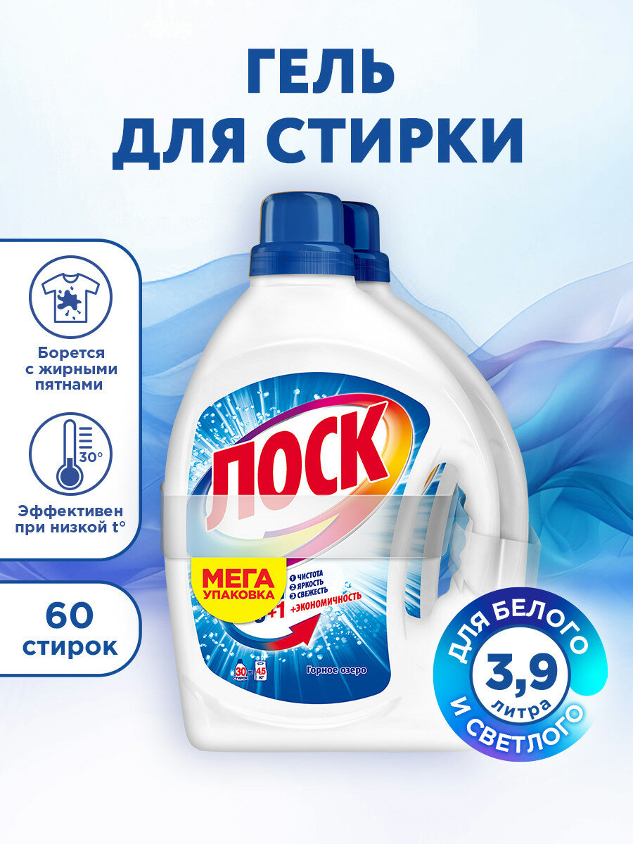 Гель концентрат для стирки Лоск Горное озеро, 2х1,95 л, для белого белья, жидкий порошок для стирки