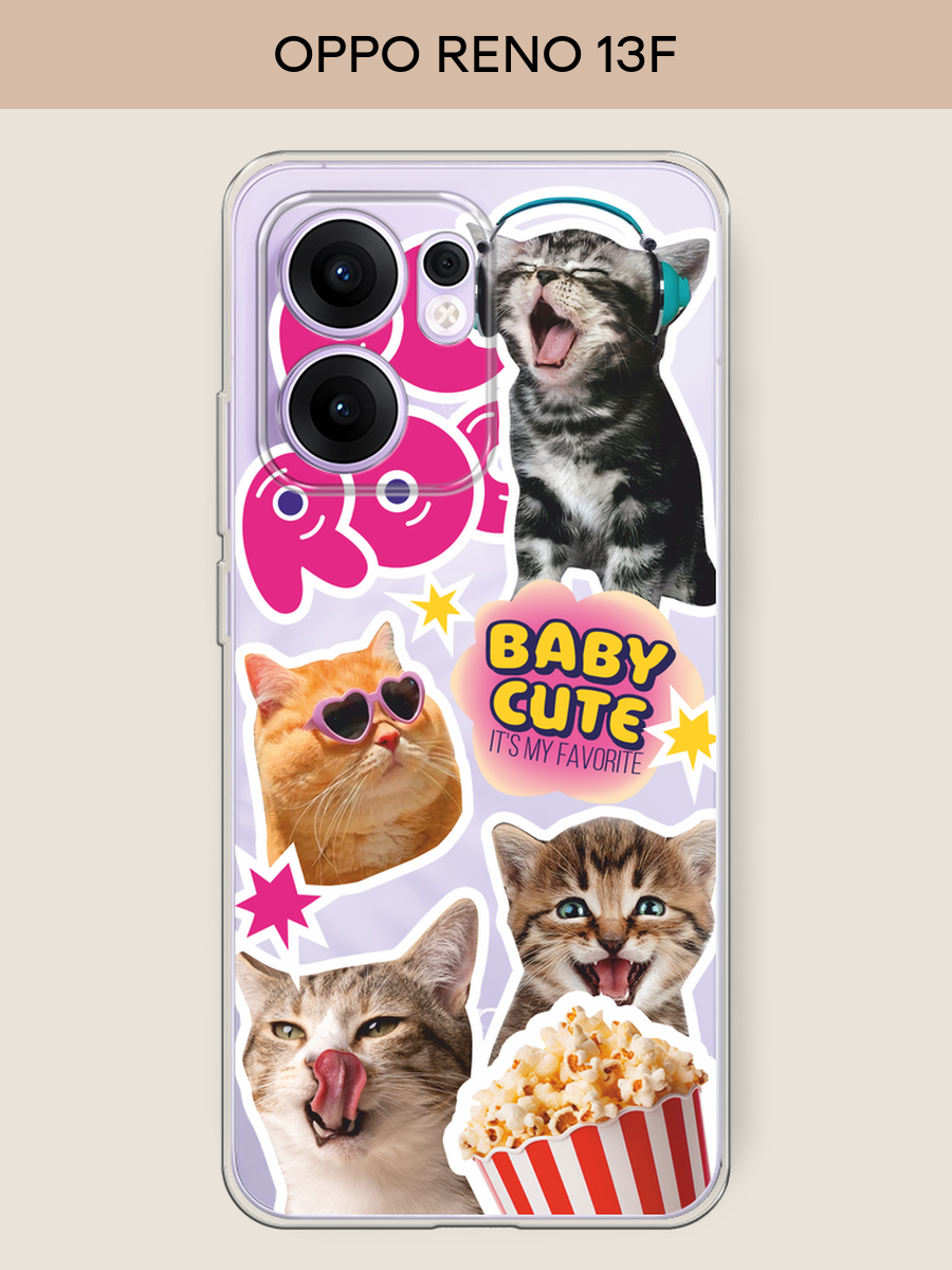 Чехол на Oppo Reno 13F / Оппо Рено 13F с принтом Popcorn cats, прозрачный
