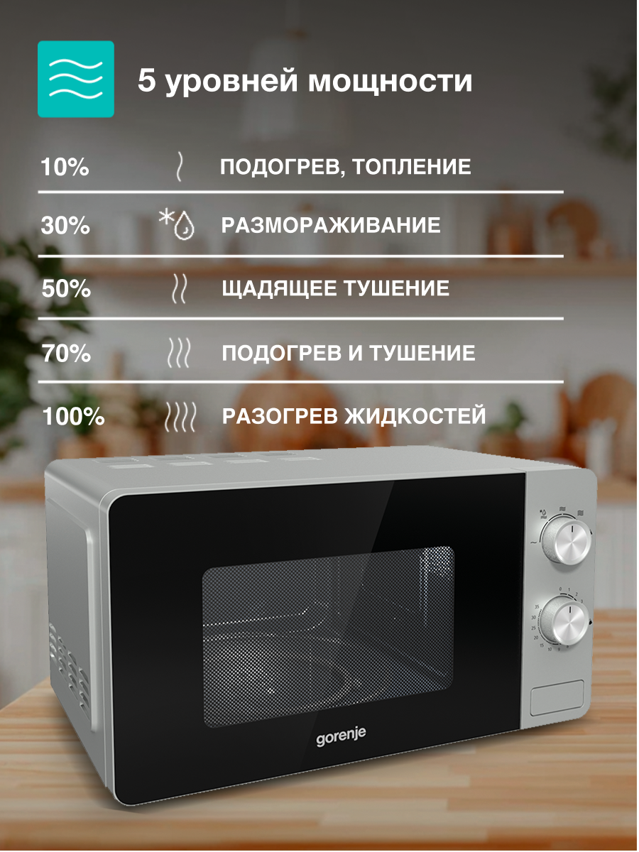Изображение Микроволновая печь (СВЧ) Gorenje MO17E1S серебристый, мощность 700Вт, объем 17л, покрытие камеры эмаль
